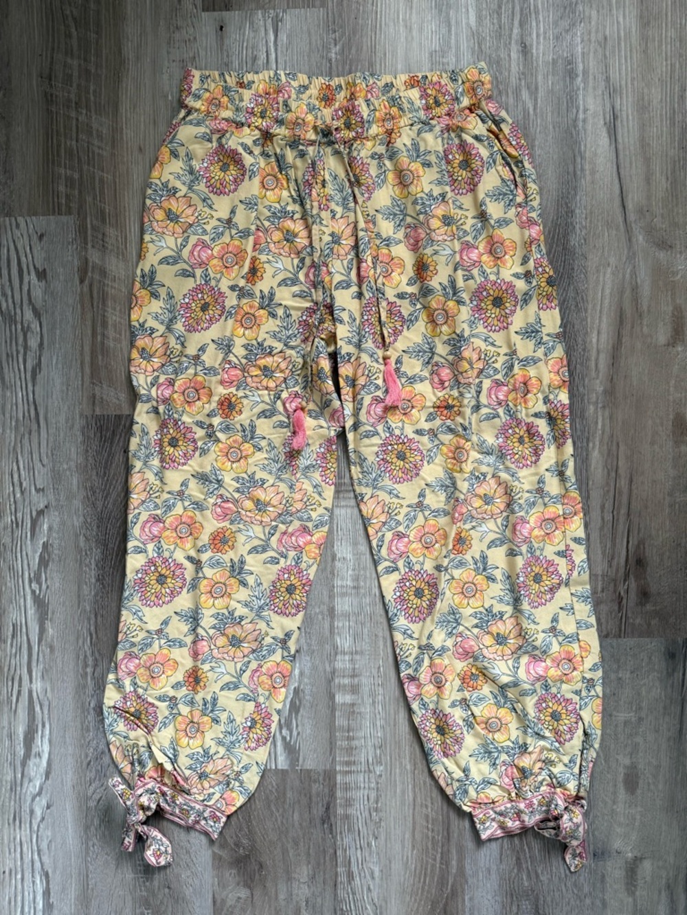 World Market Cream Floral Elastic-Waist Pants with Pink and Yellow Flowers